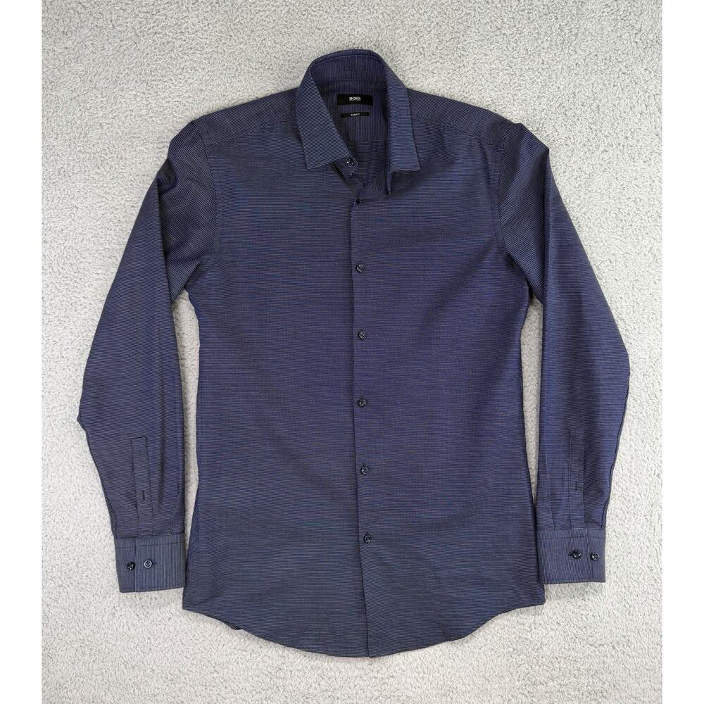 Hugo Boss navy blue slim fit shirt white geometric tessellated Pattern Men 38/15